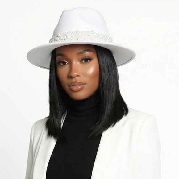 Style White Fashion Fedora Jazz Hat with Wide Pearl Belt